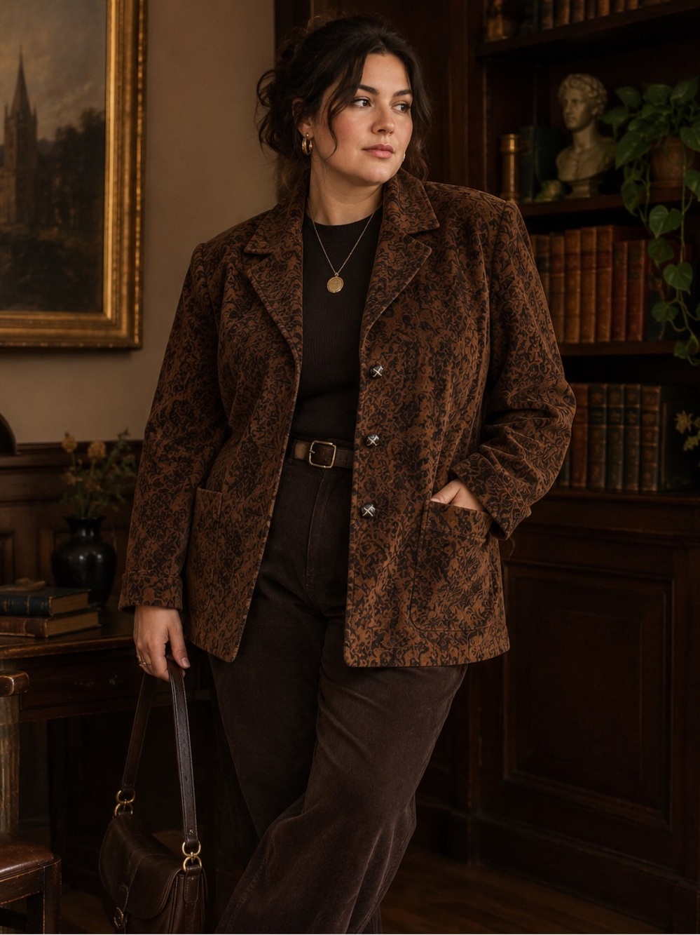 Vintage Damask Velvet Blazer Jacket Artisan Statement Print Apron Patch Pocket